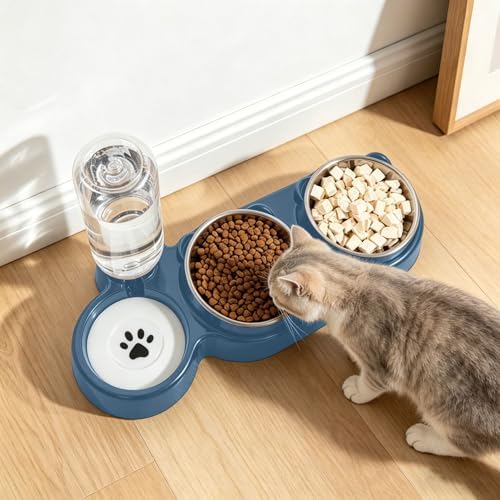 3 in 1 Cat Bowl, Cat Food and Water Bowl Set, Stainless Steel Cat Food Bowls Elevated with Tilted Design, 2 Pet Dish & Automatic Water Dispenser Feeding Station, Small or Medium Sized Dogs