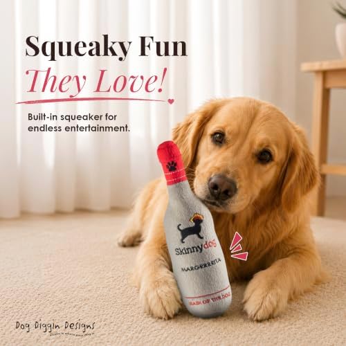 Dog Diggin Designs Skinnydog Margrrrrita Plush Dog Toy | Luxury-Inspired Parody Drink Bottle Dog Toy with Squeaker, Soft Plush Novelty Dog Toy – Shaken, Not Stirred!