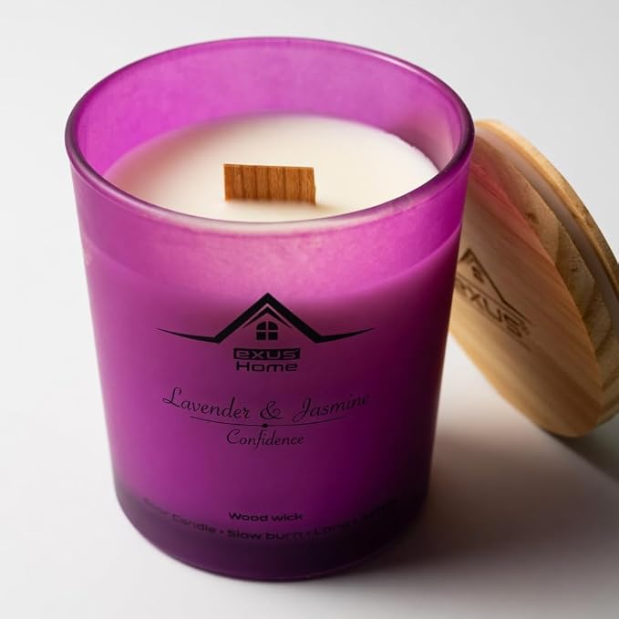 Exus Hand Crafted, Soy Wax, Wood Wick, Aromatic Candle. Non-Toxic (Lavender & Jasmin/Confidence)