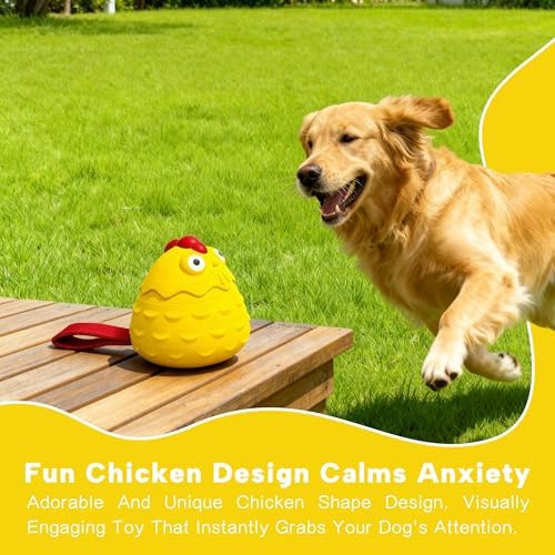 Interactive Dog Toy Ball - Squeaky Treat Dispenser, Pull Handle & Wobble Puzzle, Durable Natural Rubber Chicken Chew Toy for Boredom Relief, IQ Training for Small Medium Large Dogs