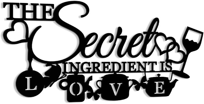 XORT The Secret Ingredient is Love Metal Wall Art Sign, Farmhouse Dining Room Kitchen Wall Decor Housewarming Gift Counter Pantry Sign (Black -16 x 8 inch)