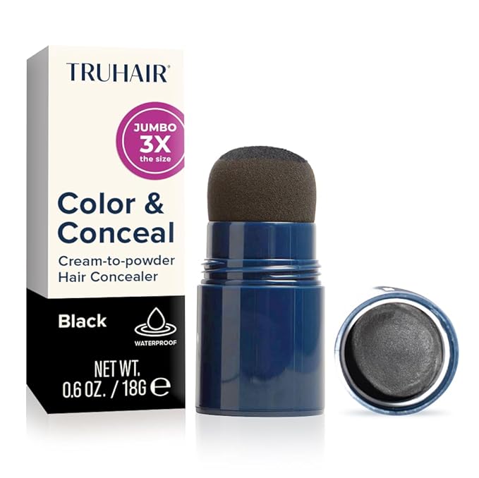 TRUHAIR Jumbo Color & Conceal Waterproof Root Touch Up Hair Color for Gray Hair Coverage - Instant Root Cover Up Hair Powder for Women & Men - Bald Spot Concealing, Hairline Filling (Black)