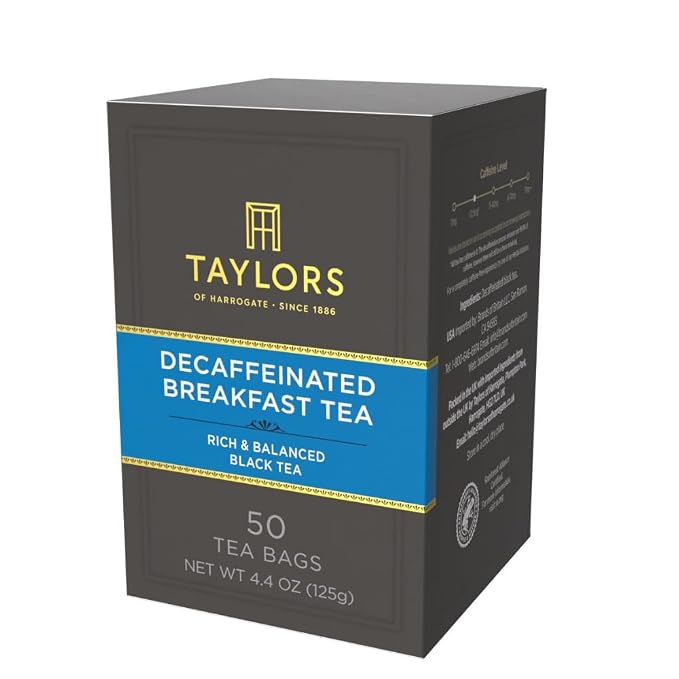 Taylors of Harrogate Decaffeinated Breakfast, Black Tea, Pillow Bags, 50 Count (Pack of 6), Rich, Bright & Balanced, Decaffeinated, Enjoy Hot or Iced, 300 Teabags Total