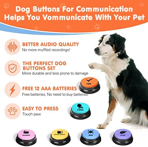 Dog Buttons for Communication,Talking Buttons for Dogs,6 Recordable Sound Buttons + 24 Scene Patterns + 1 Dog Button Mat+ 12 AAA Batteries，30 Seconds Dog Buttons for Pet Sound Training Toy