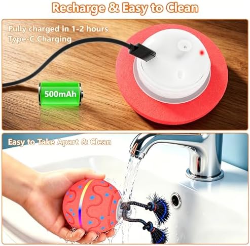 Interactive Dog Ball Toy with 2 Rope, Automatic Rolling & Bouncing Smart Dog Toy with Bird Chirping Sound and LED Light, Soft ETPU Chew-Safe Material, USB Rechargeable, for Medium & Large Dogs