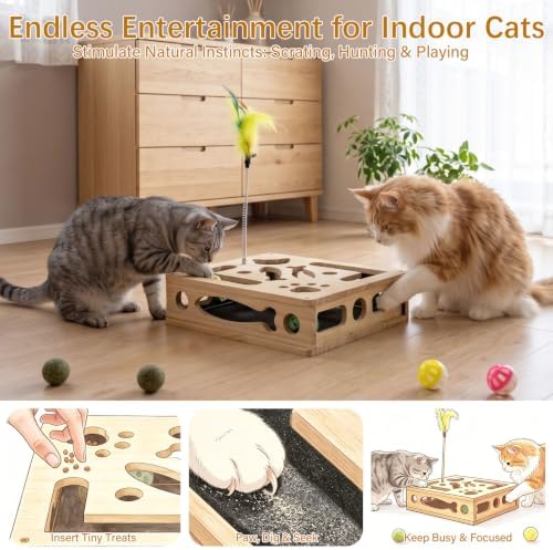 2026 New Cat Nail File Scratcher Puzzle Enrichment Box with Built-in Sandpaper 5 Balls & 1 Feather Wand Toys, Rufftopia Cat Claw Saver Interactive Toy Stress-Free Alternative to Clippers & Grinders