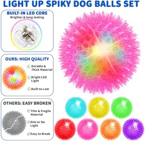 9 Pcs 4.5 in Light Up Squeaky Dog Balls 8 Colors LED Spiky Dog Toy Ball Glow in The Dark Interactive Fetch Ball TPR Bouncy Floating Toy for Aggressive Chewers Medium Large Dogs Indoor Outdoor