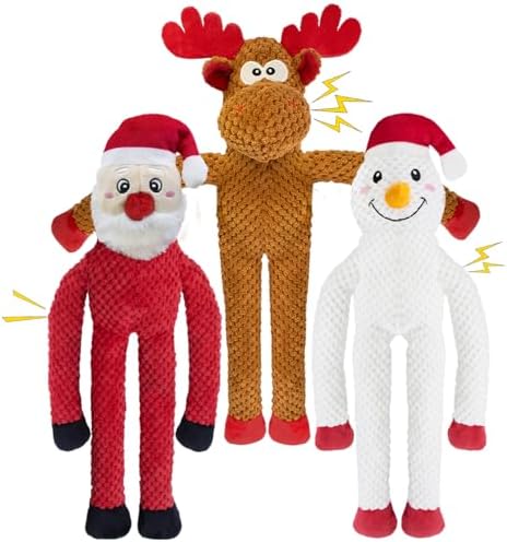 Christmas Dog Toys Squeaky 3-Pack Interactive Puppy Teething Chew Toy Deer Snowman Santa Claus Shape with Crinkle Sound Paper Tail no Stuffed,Keep Them Busy, for Large Medium Small Breeds