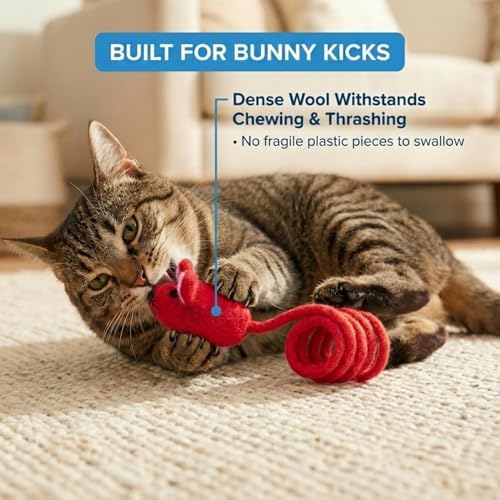 Glaciart One Felt Mouse Cat Toy – Soft Fuzzy Enrichment 100% Natural Wool - Interactive Catnip Play Cat Toy Set - Safe for Pets, Non-AZO Colored Dyes - 42” Long