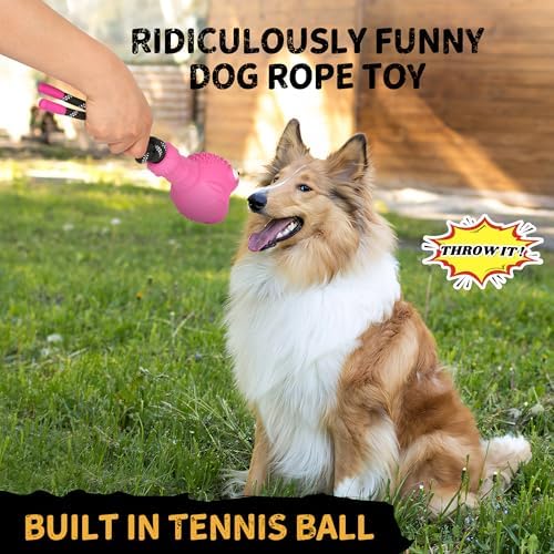 Pufferfish Shape Rubber Dog Toy with Detachable Squeaky Tennis Ball & Rope, Interactive Durable Chew Toys for Dogs, Safe Non-Toxic Material, Clean Teeth Design (Red)