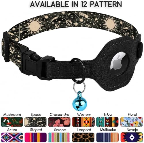 Breakaway Cat Collar with Leather AirTag Holder & Bell - Apple Air Tag Cat Collars for Girls & Boys, Lightweight Anti-Lost GPS Tracker Design, Printed Pattern - Safety and Adjustable (Space)