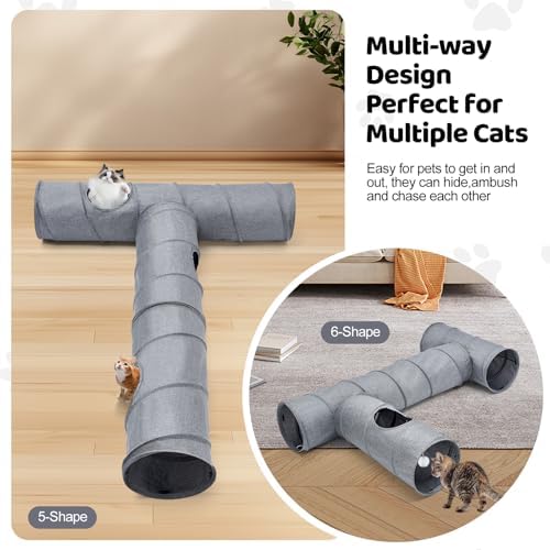 Cat Tunnel, 3 Straight Shaped Tunnels 6 DIY Shapes with Wand Toys, No Noise Scratch Resistant Cool Linen Fabric, Interactive Pet Tunnel Tube for Indoor Cats, Puppy and Rabbits
