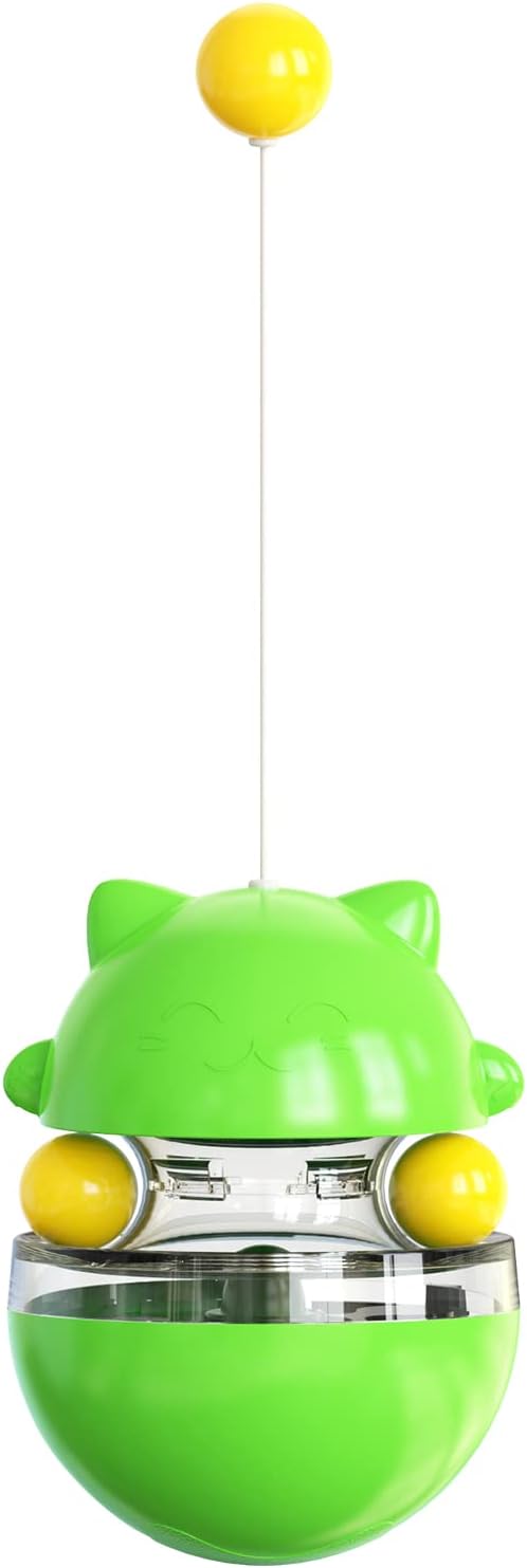 Cat Tumbler Interactive Treat Dispenser Toy, No-Electric Automatic Moving Cat Toy with Wand Ball, Slow Feeder & IQ Training Toy for Indoor Cats & Kittens, (Green)