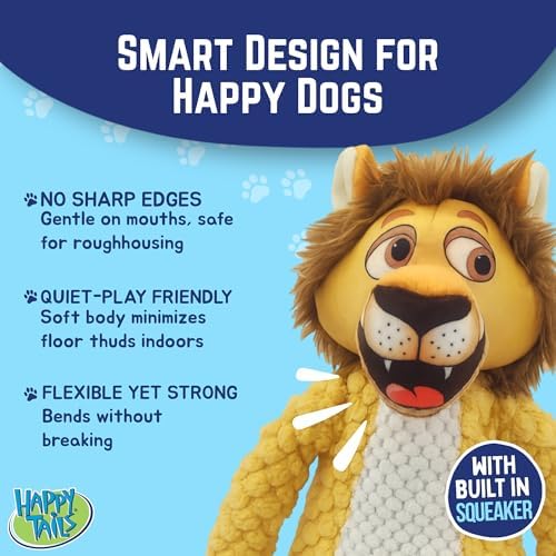 Happy Tails 13" Woolie Lion Dog Toy for Medium to Large Dogs - Durable Polyester with Squeaky Sound and Reinforced Stitching for Engaging Play and Chewing