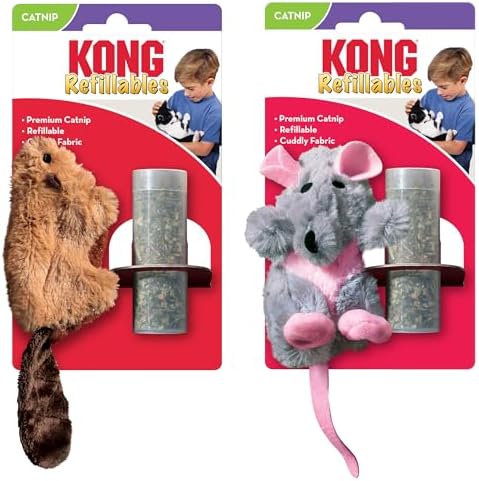 KONG Refillables Catnip Toys, Assorted 2-Pack – Plush Cat Toys with Refillable Catnip Pouch & Premium North American Catnip (Beaver and Rat)