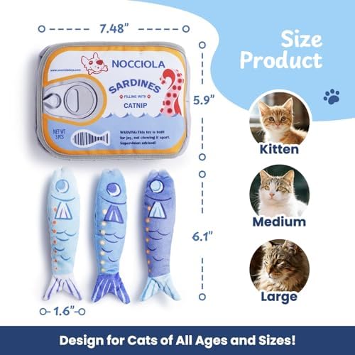 Nocciola Sardines Catnip Toys for Indoor Cats - 3 Pack Cat Toys Fish with Pouch, Cat Nip Toys Cat Kicker Toy with Crinkle Paper, Interactive Cat Toy for Kitten Enrichment, Cat Gifts