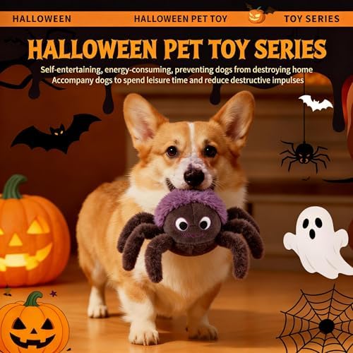 Plush Spider Dog Toy, Squeaky Interactive Chew Toy for Small Medium Dogs, Soft Stuffed Puppy Teething Toy, Cute Halloween Pet Gift for Aggressive Chewers
