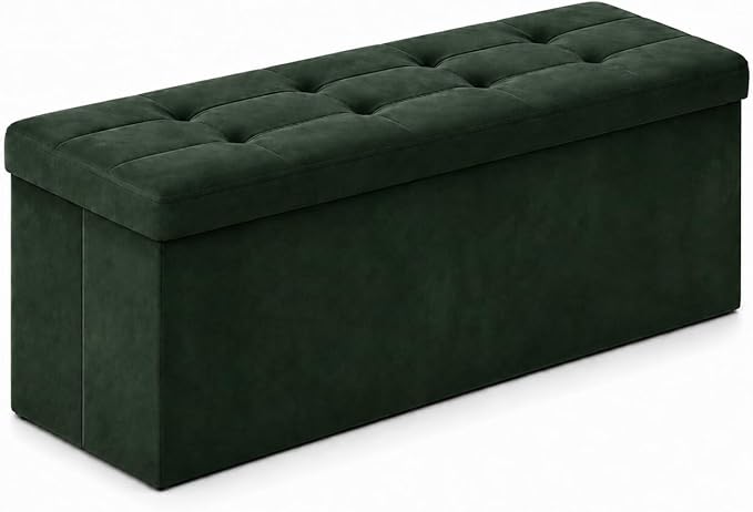 ALASDO 43 Inch Folding Storage Ottoman Bench with Hidden Storage, Velvet Storage Ottoman Foot Rest Stool, End of Bed Bench for Bedroom, Living Room, Entryway and Closet, Dark Green