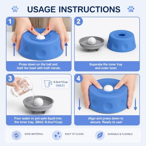 Dog Lick Bowl with Rolling Ball, Slow Feeder Dog Bowl, Interactive Dog Puzzle Feeder for Slow Eating, Lick Mat Alternative, Food Dispensing Enrichment Toy for Dogs (Blue)