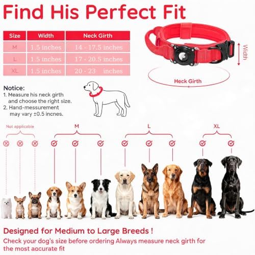 Tactical AirTag Dog Collar Waterproof with QR ID Tag, Military Training Dog Collar with Built-in AirTag Holder, Strong Metal Buckle & Control Handle, GPS Tracking Collar for Medium Dogs (Red, M)