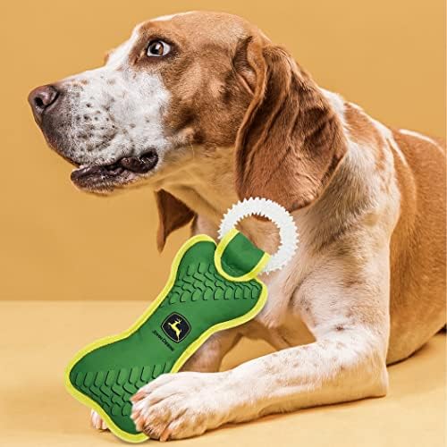 JOHN DEERE DOG DENTAL TEETHING RING TUG TOY & Nylon Squeak Bone Toy. TOUGH STURDY PET TOY with John Deere Logo. BEST DOG FIELD TOY for DOG OWNERS, Famers, Construction gigs, Builders, Landscaping fans