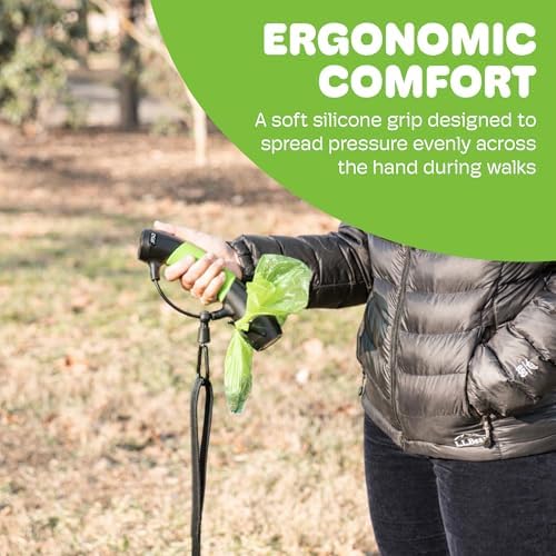 Dog Gone Smart I’m Gismo Handle with Poop Bag Dispenser - Ergonomic One-Hand Leash Holder with Silicone Grip - Smooth Rail System for Controlled Walks - Supports Dogs Up to 85 lbs - Lime Green