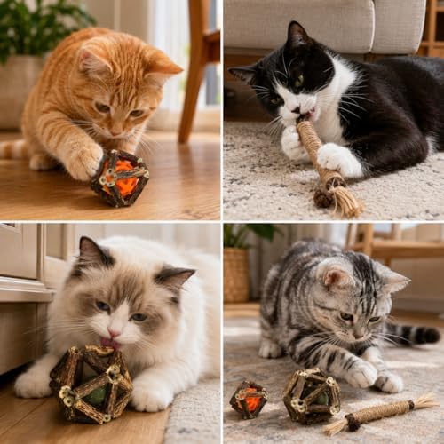 3-in-1 Cat Toy Set with Silvervine Stick Balls, Catnip Vine Ball & Raffia Chew Stick, Interactive Natural Chew Toys for Indoor Cats, Kitten Teething, Batting, Chasing, Licking, Daily Enrichment Play