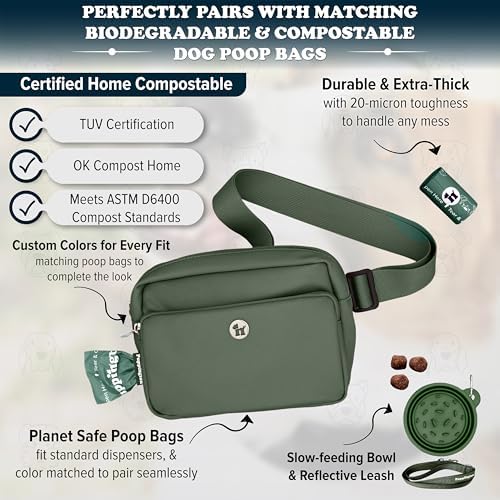 Puppington 3-in-1 Crossbody Bag & Dog Treat Pouch for Pet Training - Matching Compostable Poop Bags, Built-In Poop Bag Dispenser & Slow-Feeding Travel Dog Bowl - Dog Walking Bag (Basil Green)