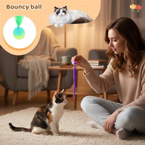 7 Pcs Cat Worm Toy with Bouncy Ball, Interactive Fuzzy Worms for Cats, Colorful Magic Worms with Tail, Cat Toys