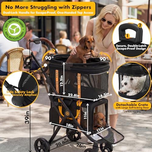 PAWZIDEA Double Pet Stroller with 2 Detachable Carrier for Multiple Pets