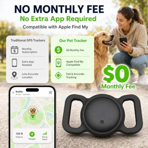 Dog Tracker, GPS Tracker for Dogs with Real-Time Location, No Monthly Fee, No SIM, IP68 Waterproof Ultra-Slim Lightweight with Holder, 500-Day Battery,iOS Only，Black