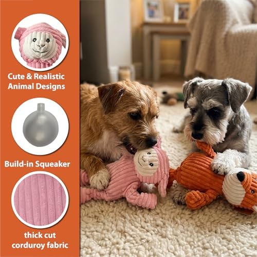 PetLike 2PK Squeaky Plush Dog Toys, Durable Chew Toys with Five BB Squeaker, Composite Stuffed Teething Toys for Aggressive Chewers, Interactive Fetch & Tug of War Toys for Small & Medium Dogs