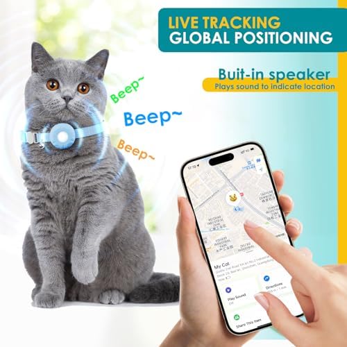 Cat Tracker, GPS Tracker Compatible with Apple Find My App(Only iOS), Waterproof Cat Trackers Collar with Bell and Safety Elastic Buckle,No Monthly Fee Pet Tracker,Territory & Location History, Blue