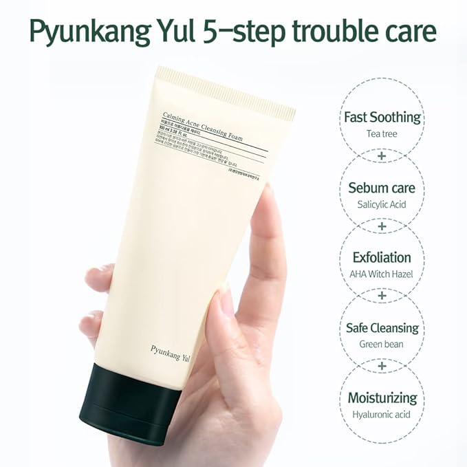 Pyunkang Yul PKY Calming Cleansing Foam, Low pH Formula Facial Wash/Cleanser with Witch Hazel, AHA for oil control- Cica, Tea Tree Extract - Rapid Moisture replenishment 3.38 Fl.oz