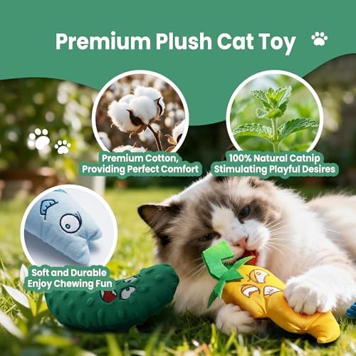 Catnip Toys Set of 3 – Fish, Chili Pepper and Cucumber Plush Cat Toys for Indoor Cats, Natural Catnip Filled Interactive Chew and Teething Toys for Kittens