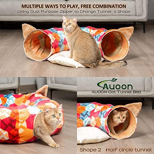 AUOON Cat Donut Tunnel with Bed for Kitten Puppy Rabbit Ferret, Orange