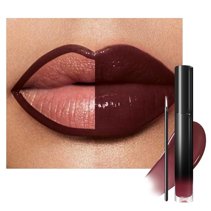 evpct Dark Brown Shiny Glossy Longwear No-Budge Liquid Lip Color Lipstick Makeup, Highly Pigmented Color Instant Shine, Waterproof Long Lasting Lipstick for Women, Lip Stain Gloss with Lip Liner Brush