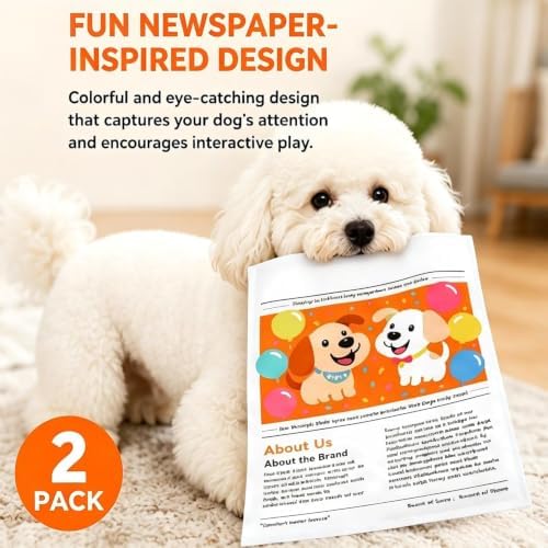 2 Pack Indestructible Newspaper Dog Toy, Crinkle & Squeaky Indestructible Dog Toy, Washable Durable Fake Newspaper, Interactive Boredom Relief Pet Toy for Small Medium Dogs