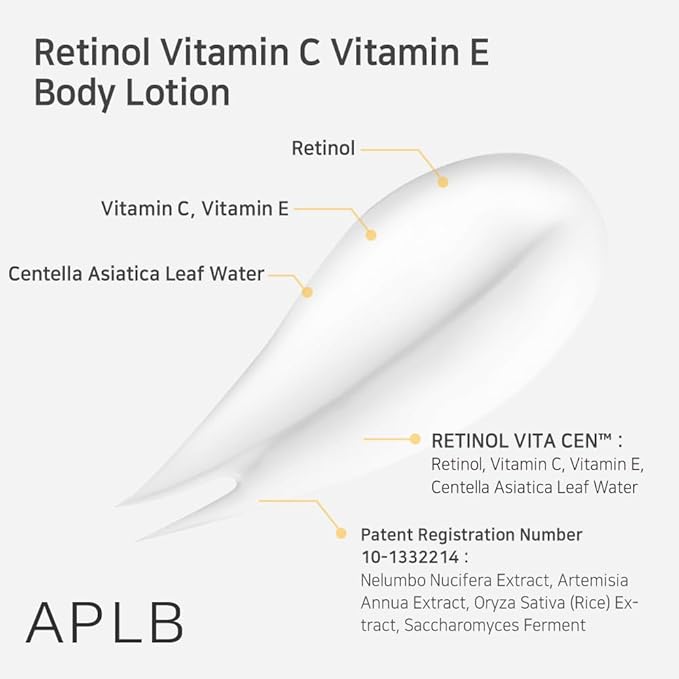 APLB Retinol Vitamin C Vitamin E Body Lotion | RETINOL VITA CEN™ 9.3% 10.14 FL.OZ/Korean Skincare, Long lasting hydration, Wrinkle Care, Revitalize for gentle and improve skin texture