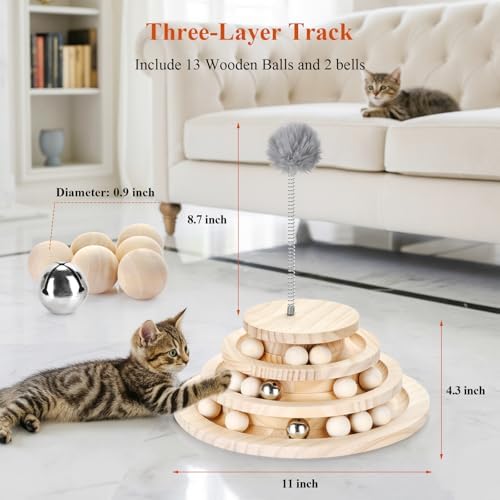Large Upgraded Cat Track Ball Toy with Bell & Teaser Wand - 3-Layer Tower Roller, Interactive Wooden Cat Toy for Mental & Physical Exercise, Double Fun for Kittens & Adult Cats