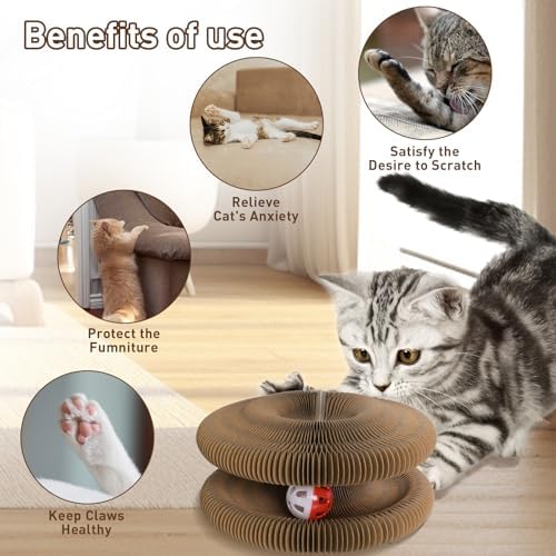 2 Pack Cat Scratcher Board Foldable with Bell Ball, Magic Organ Cat Toy for Cats, Protects Furniture, Corrugated Cardboard Scratching Pad，Interactive Mental Physical Exercise for Indoor Cats Toy