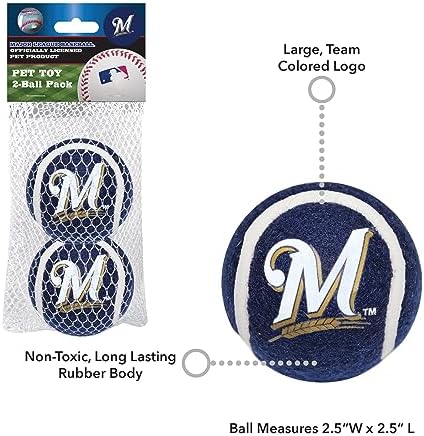 Pets First MLB Milwaukee Brewers Tennis Balls for Dogs & Cats - 2 Piece Set with Team Logo in Vibrant Team Color