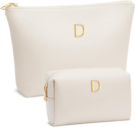 Women Gifts | Initial Makeup Bag for Girl Personalized Gifts for Bridesmaid Friend PU Leather Cosmetic Travel Toiletry Bag(Beige,D)
