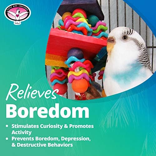 Super Bird Creations SB736 Wiggles and Wafers Bird Toy - Interactive Enrichment for Conures, Quakers, Caiques, Pionus, Senegals - Wooden, Acrylic Beads, Pacifiers - Medium Bird Size, 3” x 5” x 9”