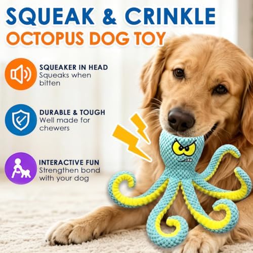 Interactive Octopus Dog Toy, Plush Dog Toy with Crinkle Paper & Squeaker, Tug of War Dog Toy for Small Medium Large Dogs, Soft Dog Chew Toy for Indoor Play, Puppy Training (J-Octopus-Green+Red)