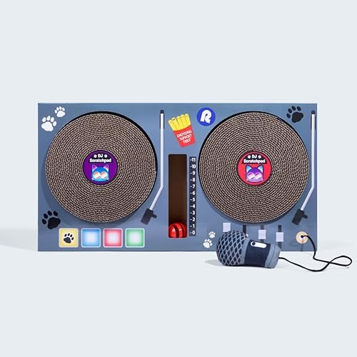 DJ Scratchpad by Relatable, Enrichment Cat Toys And Kitten Toys For Your Furry Friends, Cat Tree Essentials, Includes Box With 2 Scratch Wheels, 1 Plastic Ball With Bell, And Attached Microphone Plush