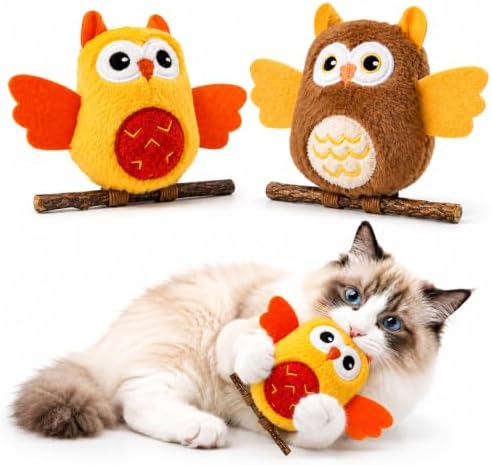 DODODOLA 2 PCS Interactive Cat Toys for Indoor Cats Owl Kitten Toys with 100% Pure Organic Catnip and Movable Silvervine Sticks Kittens Kitty Anxiety Relief Soft Cute Teething Chew Toys (BROWN+ORANGE)