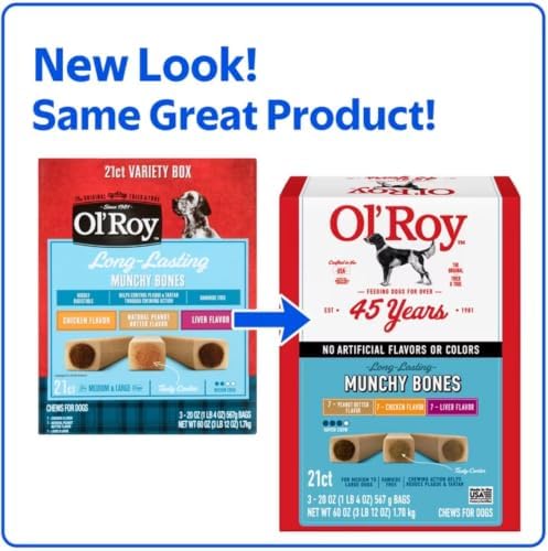 Ol Roy Munchy Bones Dog Treats, Chicken, Peanut Butter & Liver, No Artificial Flavors or Colors, 60 oz, 21 Count with Bone Waste Bag Dispenser and Roll