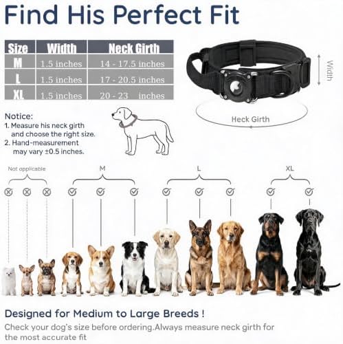 AirTag Dog Collar for Large Dogs - Tactical Collar with Waterproof AirTag Case, Military Handle & Reflective Strap. Secure Apple Air Tag GPS Tracking for Medium, Large Breeds (Black,M)