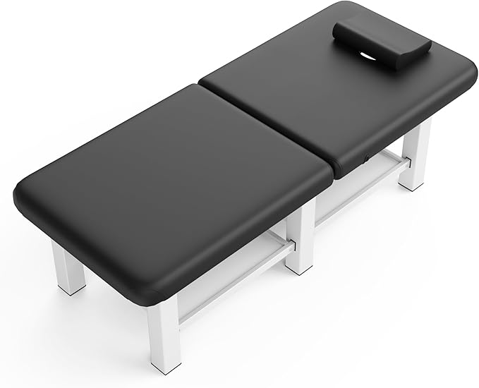 pouseayar Stationary Massage Table Folding Bed with Backrest for Treatment Table Physical Therapy Table Spa Facial Bed, Metal Frame PU Leather, 30.5'' Wide × 75'' Long - Black